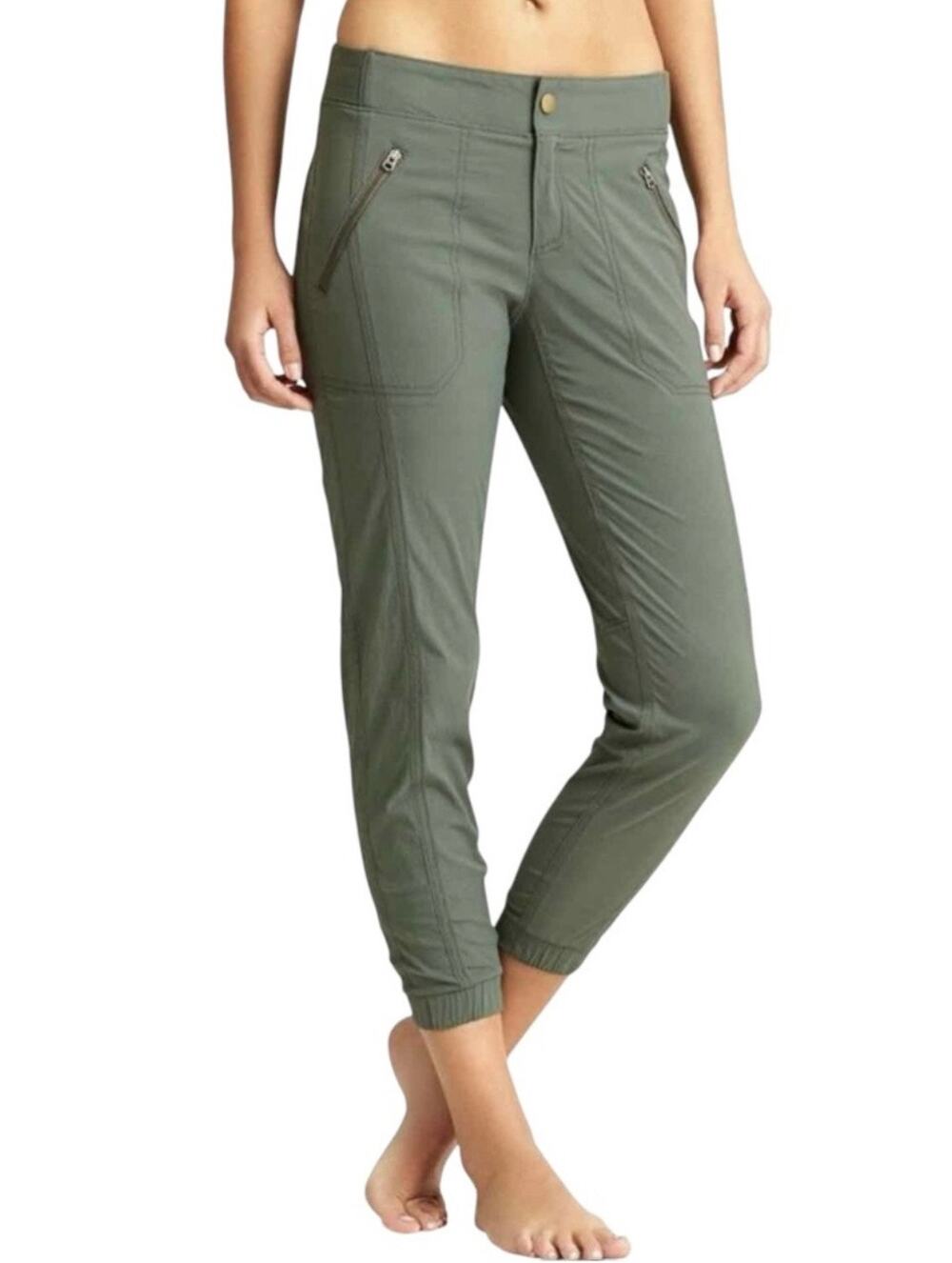 Athleta Trekkie Cropped Jogger Pants Green Zip Pockets Elastic Waist Size 4